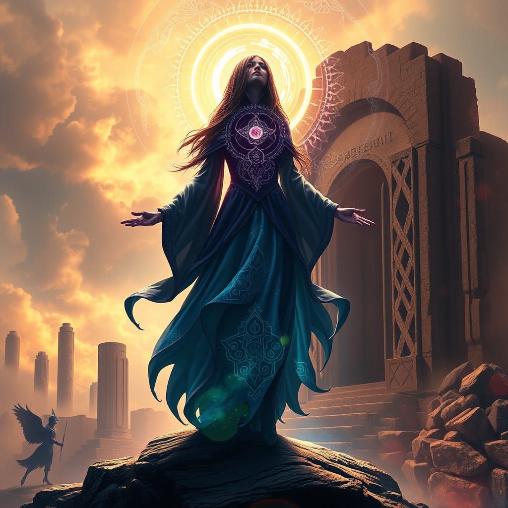 Empowered Goddess of Ancient Ruins in a Dreamlike, Cyberpunk...