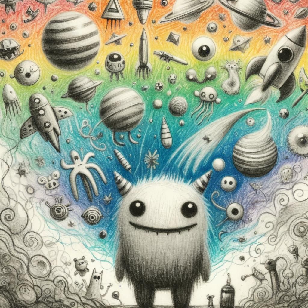 Surreal Child's Drawing with Rainbow Fairy in Rayograph