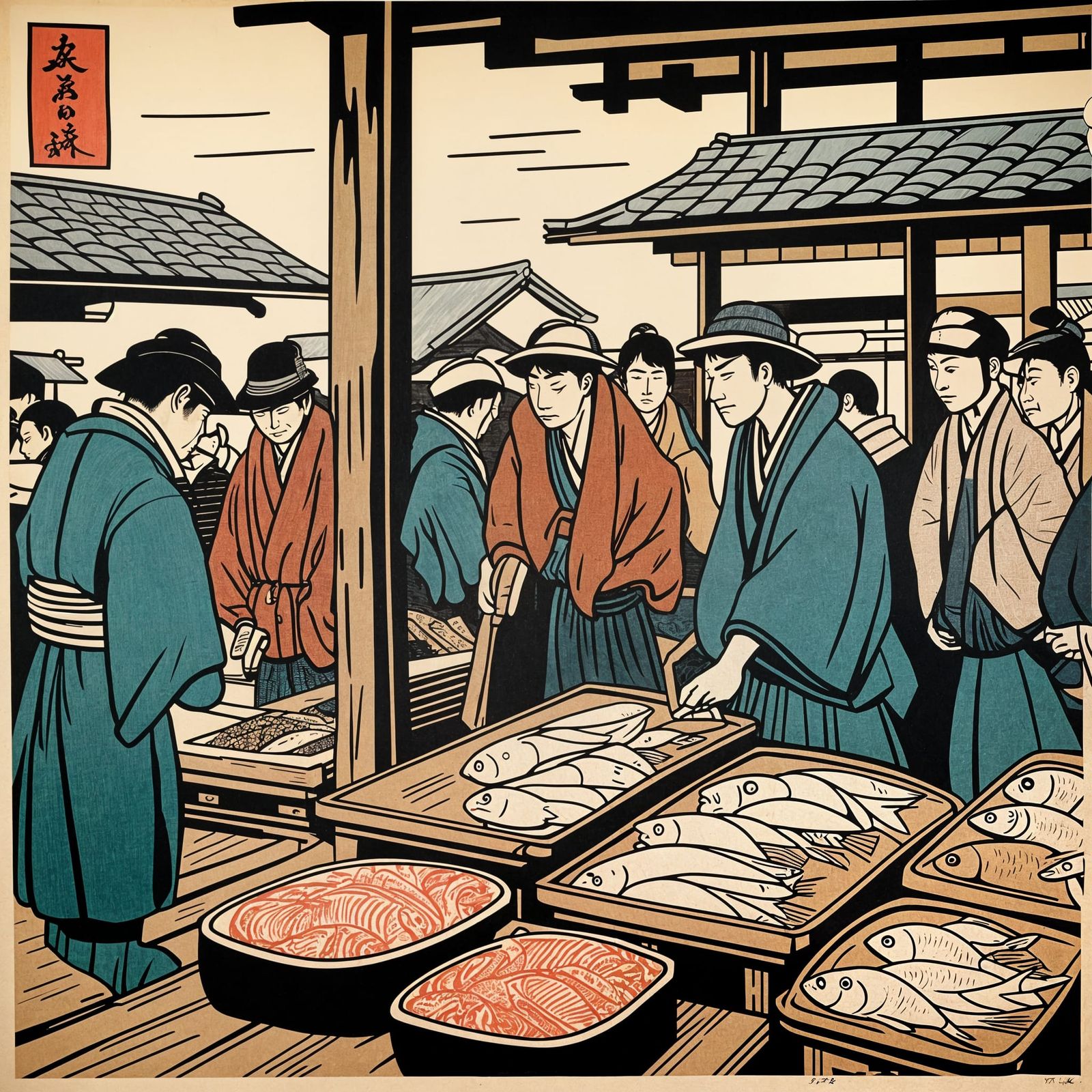 Tsukiji Fish Market: Woodblock Print in Cubist Style