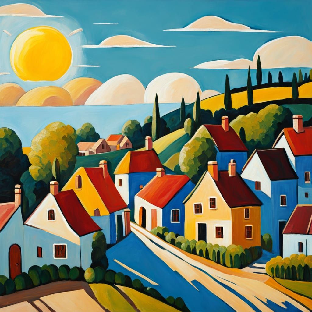 Naive Art Village Scene in Golden Sunlight