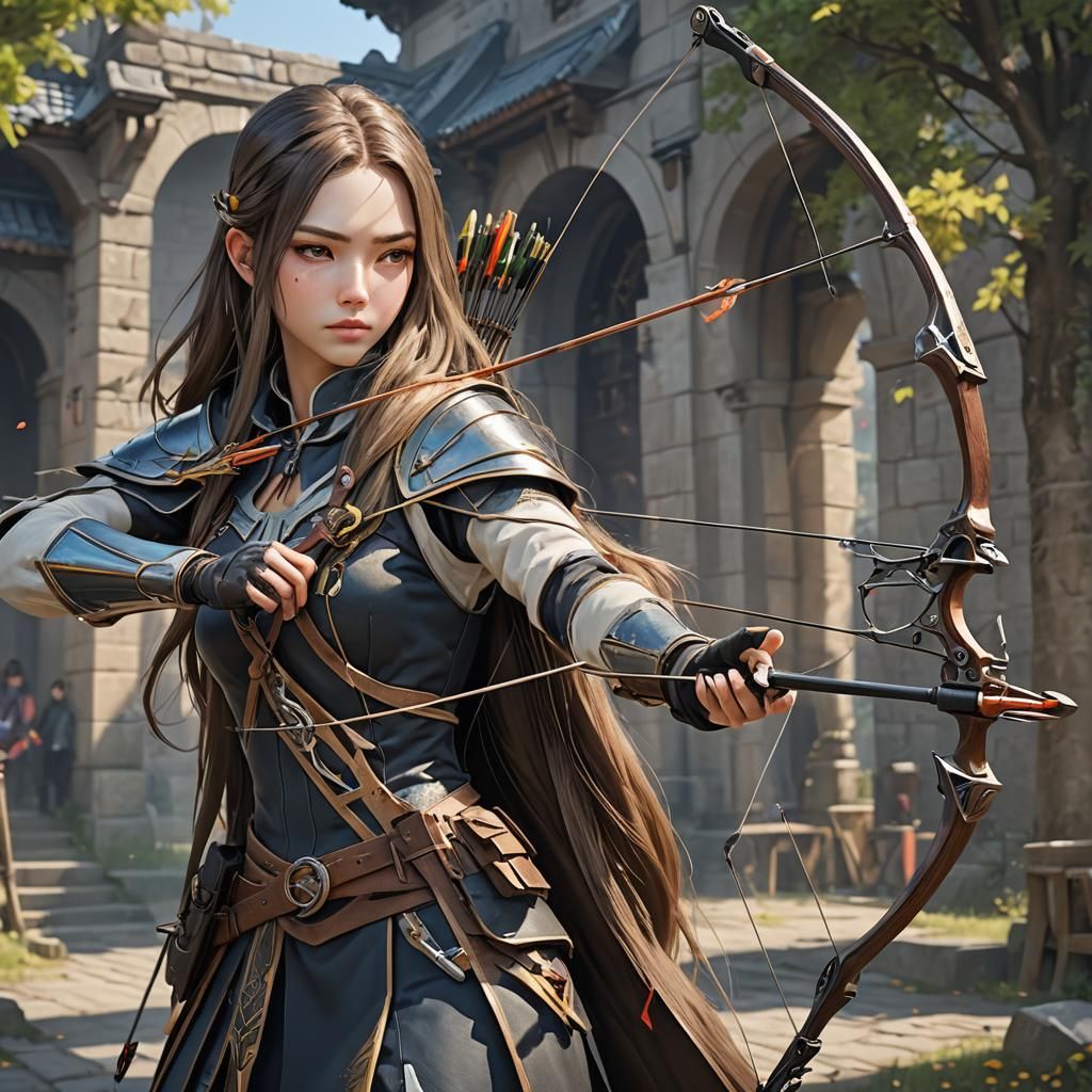 Woman Archer with Crutch in Anime Style