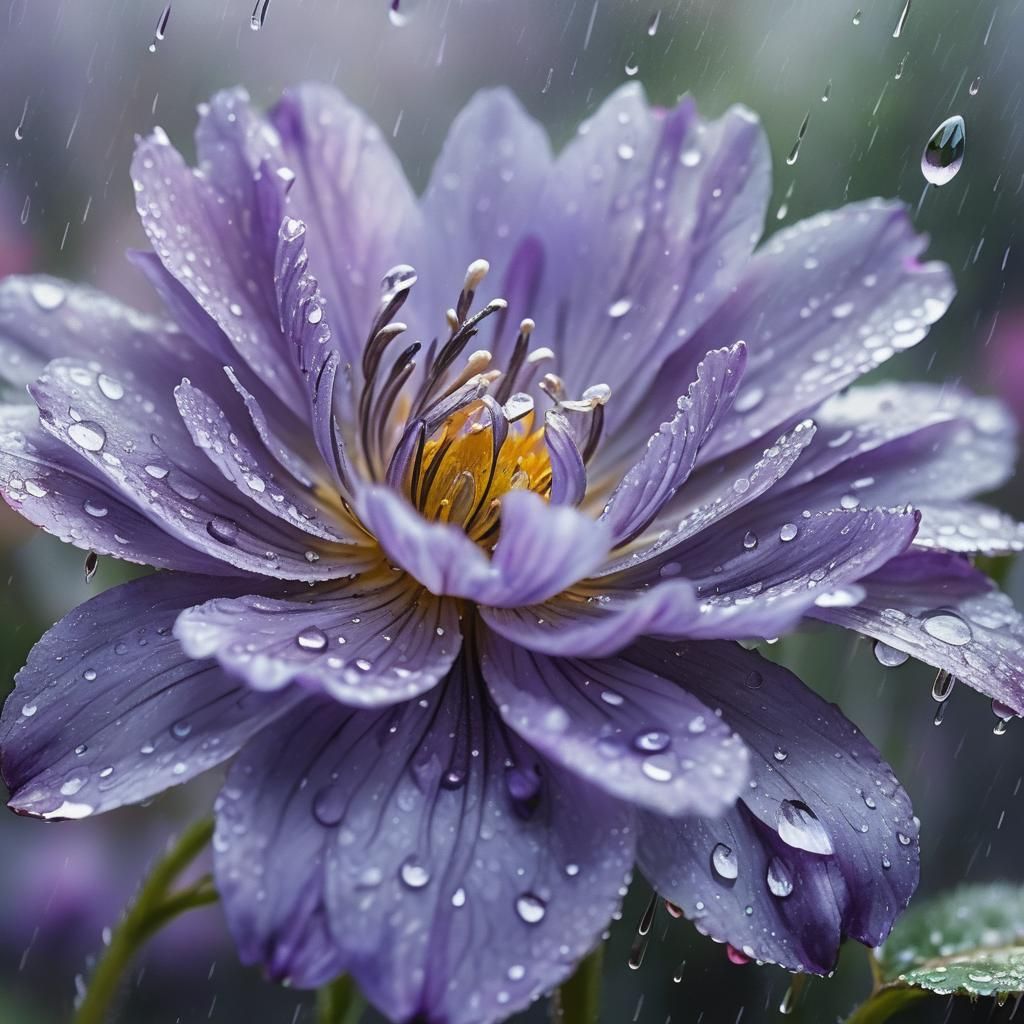 Impressionist Purple Flower in Rain, Macro Shot