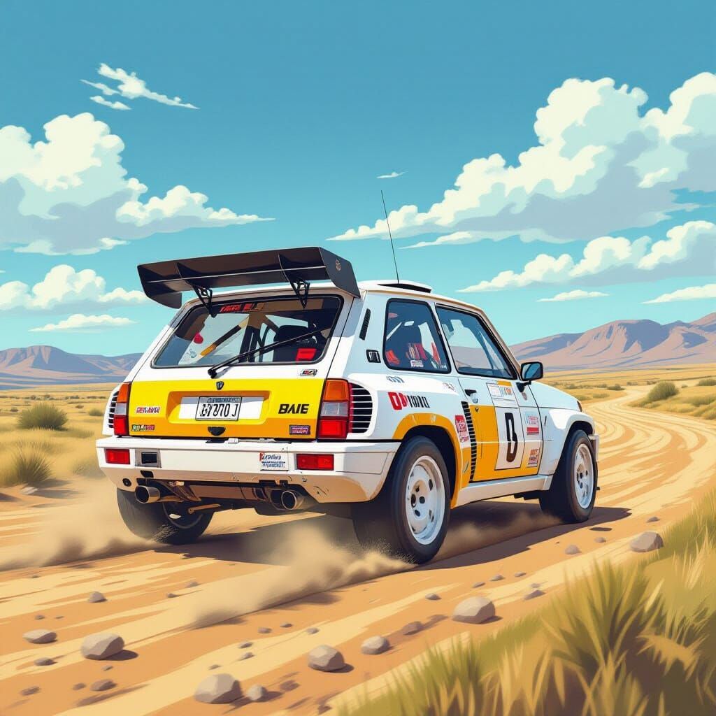 Renault Rally Car Drifting in Arid Landscape