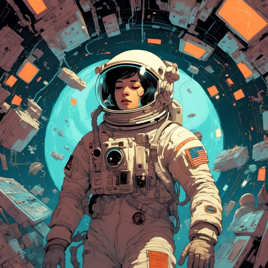 Deceased Astronaut in Space Debris: Cyberpunk Aesthetic