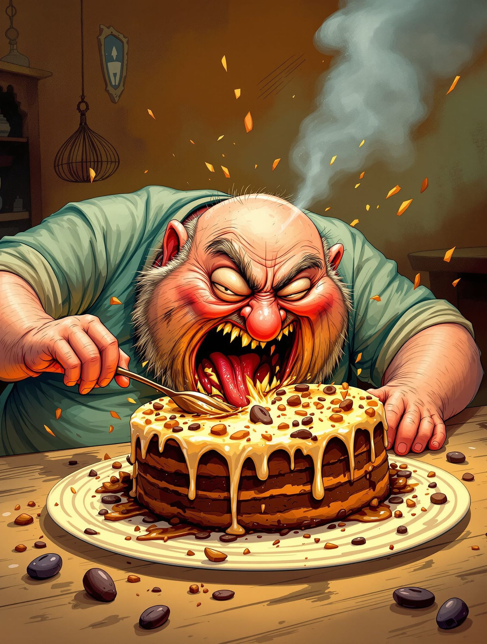 Man Face-Plants Into Cake in Whimsical Cartoon Style