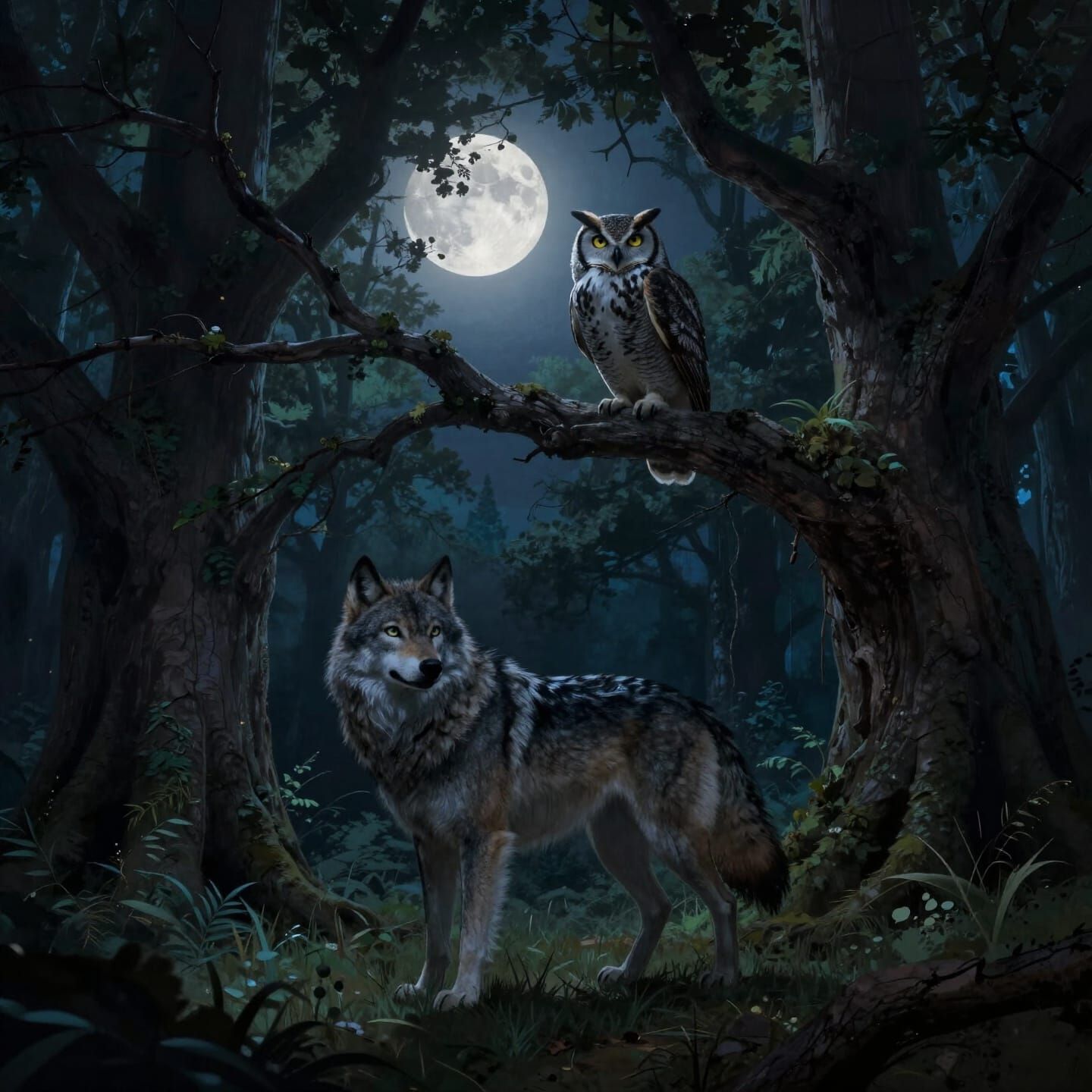 Owl and Wolf Guarding Forest Glade Under Full Moon