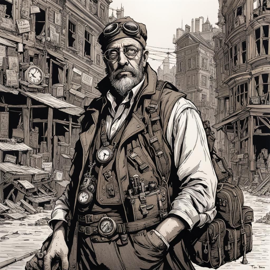 Steampunk Inventor in Ruined City: Pen and Ink