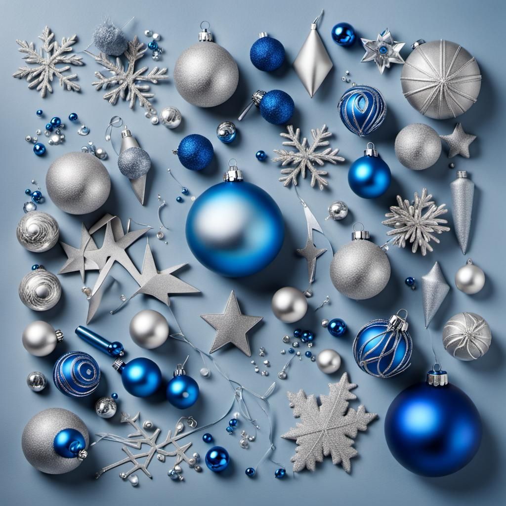 Knolling Collage of Blue Christmas Ornaments