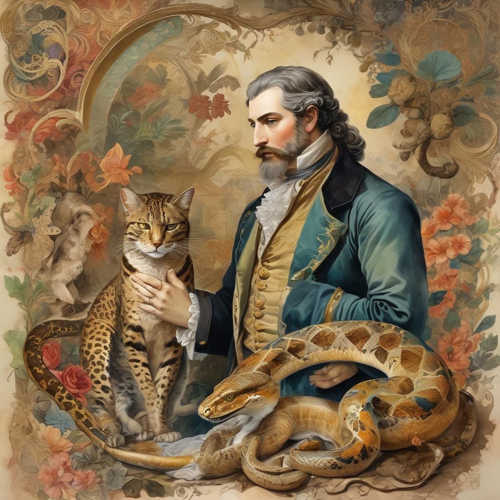 Vintage Watercolor: Man with Snake, Dog, and Cat