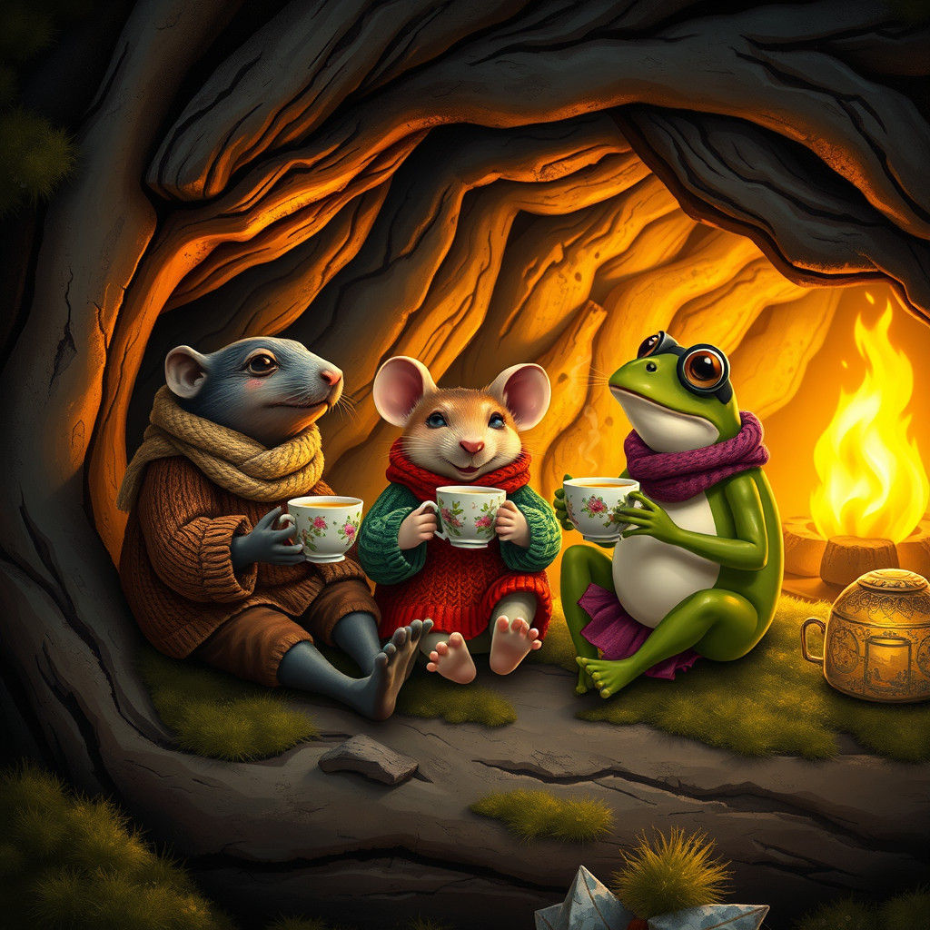 Cozy Friends Enjoying Tea in Ancient Tree