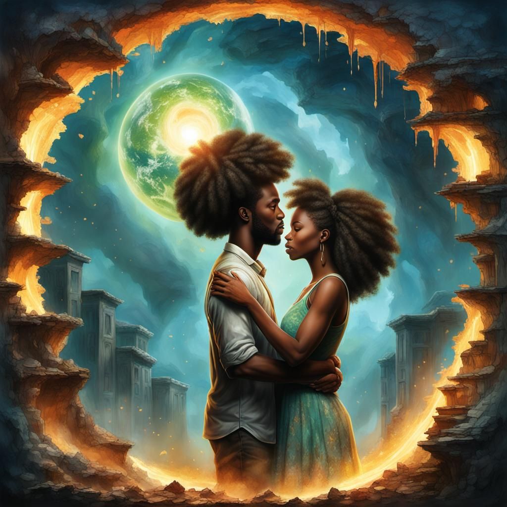 Create African-American couple holding up together a crumbling world as they glow with an ethereal love