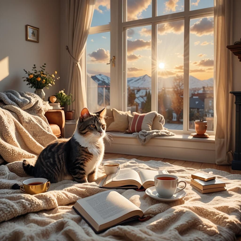 Surreal Cat and Tea Still Life in Golden Light