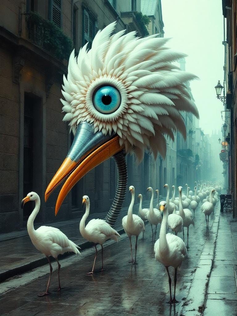 Surreal Mechanical Bird Leads Flamingo Procession