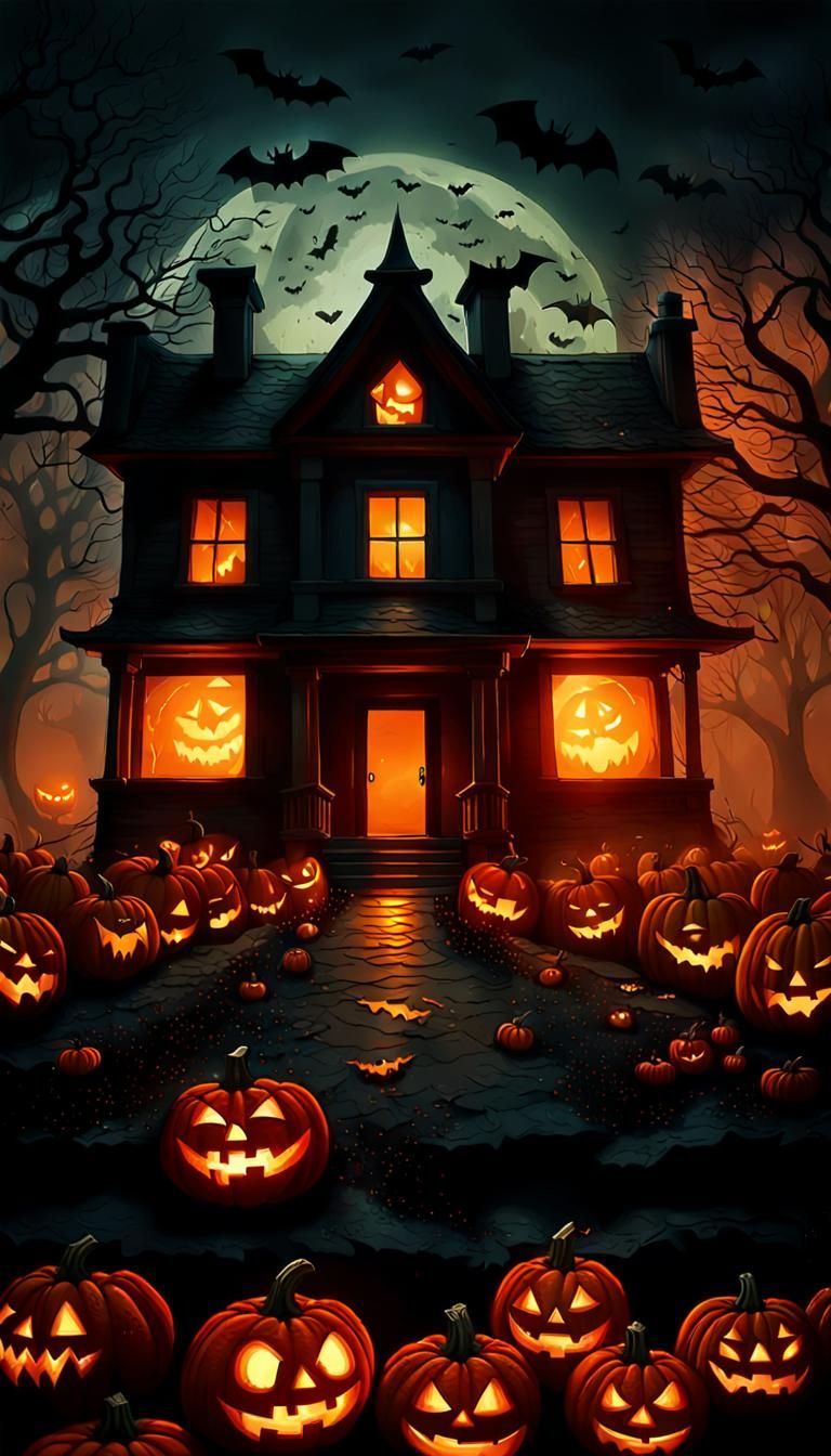 Eerie Halloween Scene: Jack-o-Lantern House Flies Away