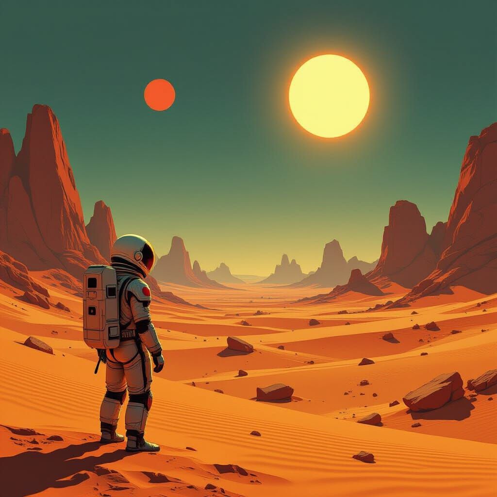 Astronaut on Alien Desert Under Twin Suns