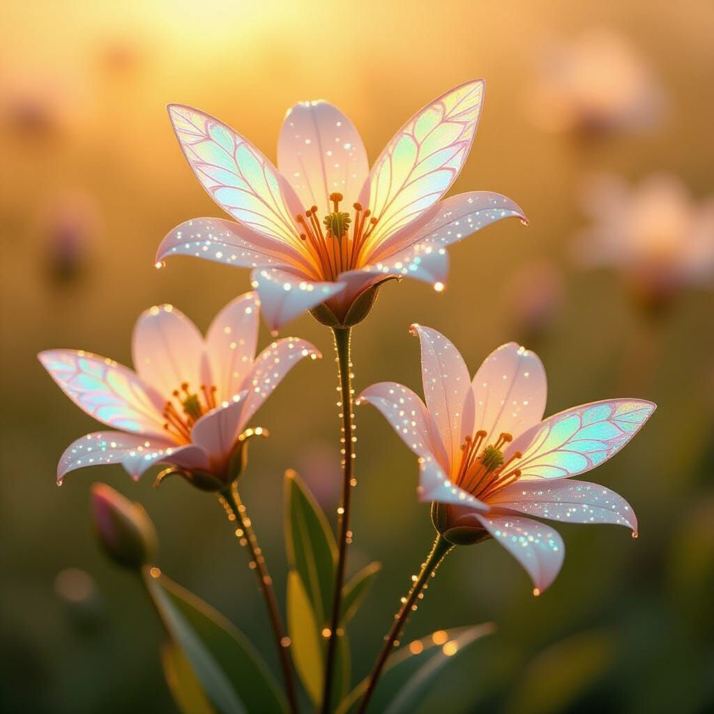 Futuristic Flowers with Holographic Wings in Digital Art