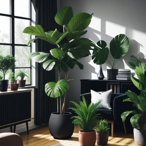 Elegant Black Living Room with Plants, Professional Photogra...