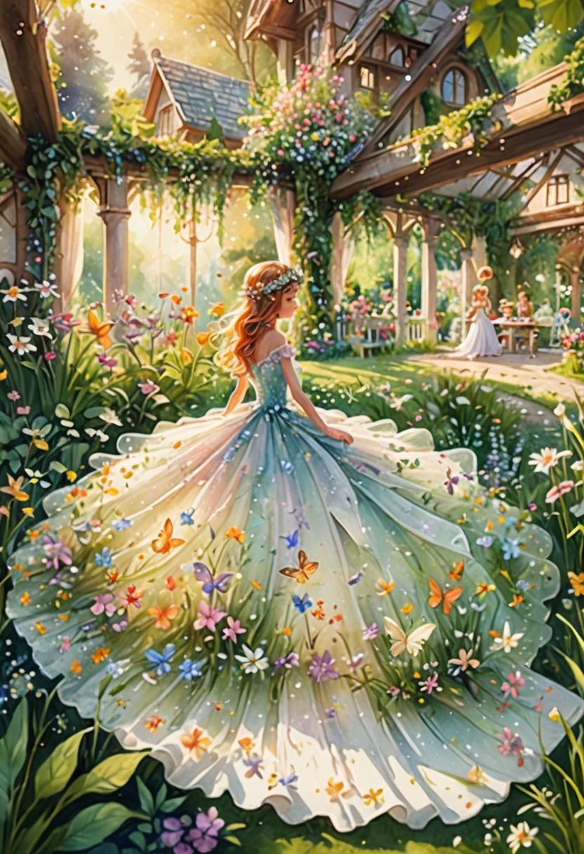 Fairies Adorn Wedding Dress in Lush Garden