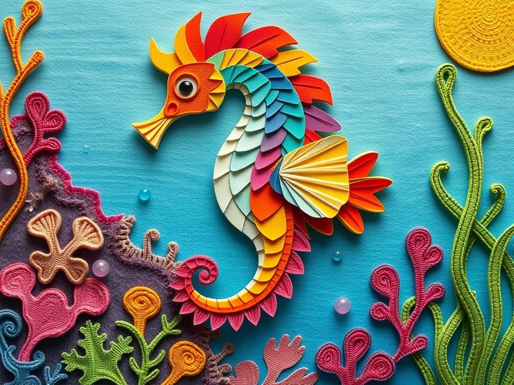 Rainbow Seahorse Swimming in Sunny Ocean
