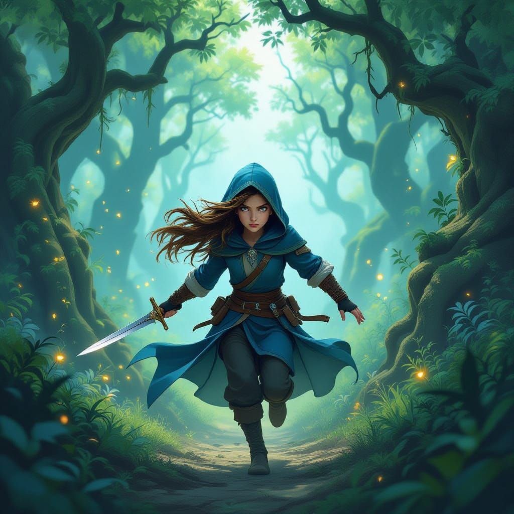 Warrior Girl Sprinting Through Enchanted Forest