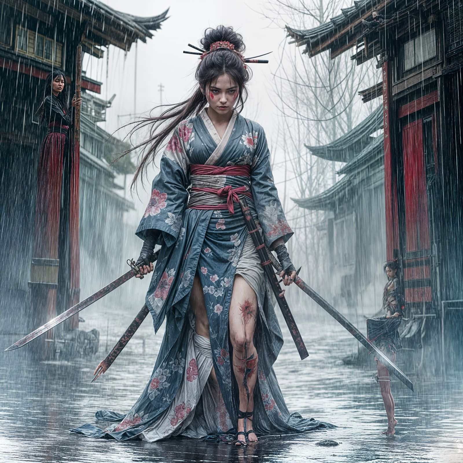 Battle-Ready Geisha Draws Katana in Fierce Storm