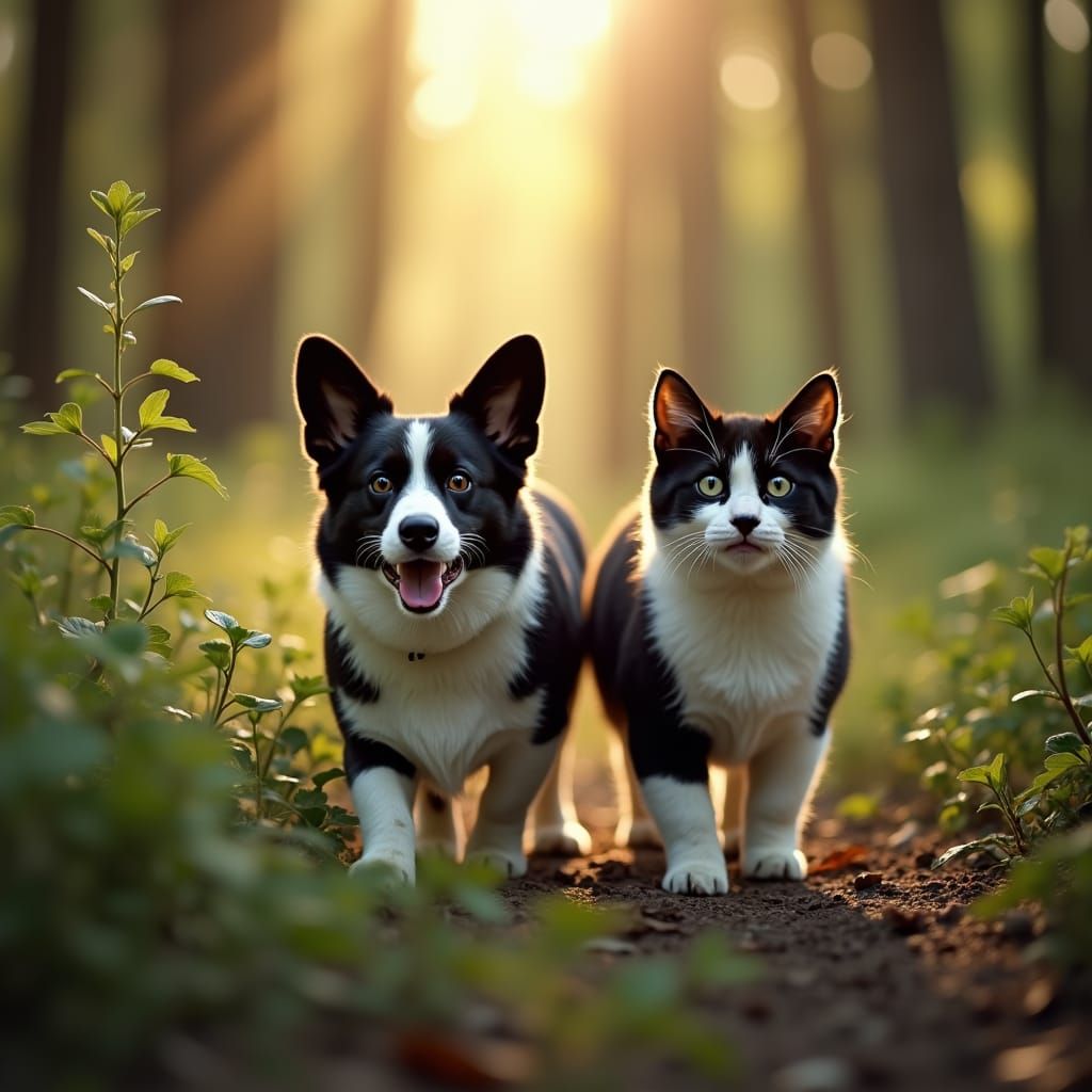 Black and White Corgi and Cat in Forest