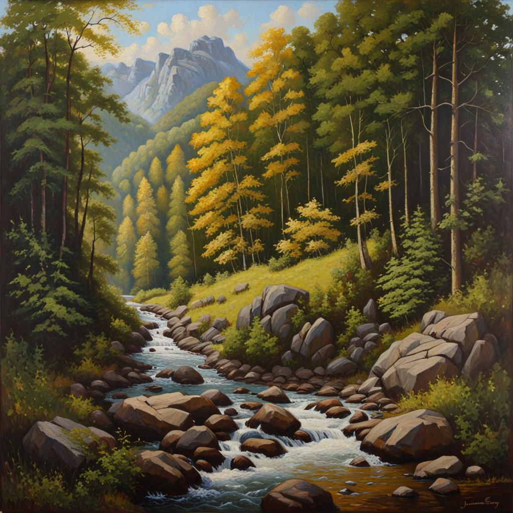 Detailed Oil Painting of Elbe Sandstone Mountains