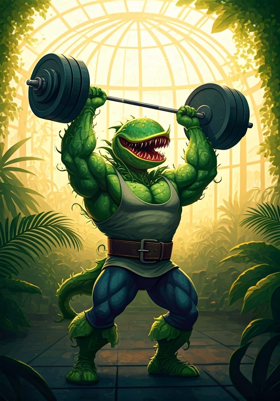 Muscular Plant Powerlifter in Tropical Glasshouse Gym