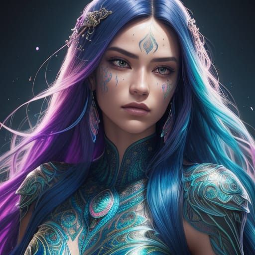 Stunning Woman with Iridescent Scales and Flowing Hair