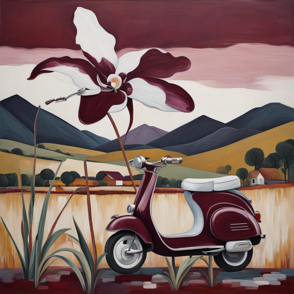 Maroon Orchid in Surrealist Cornfield Painting