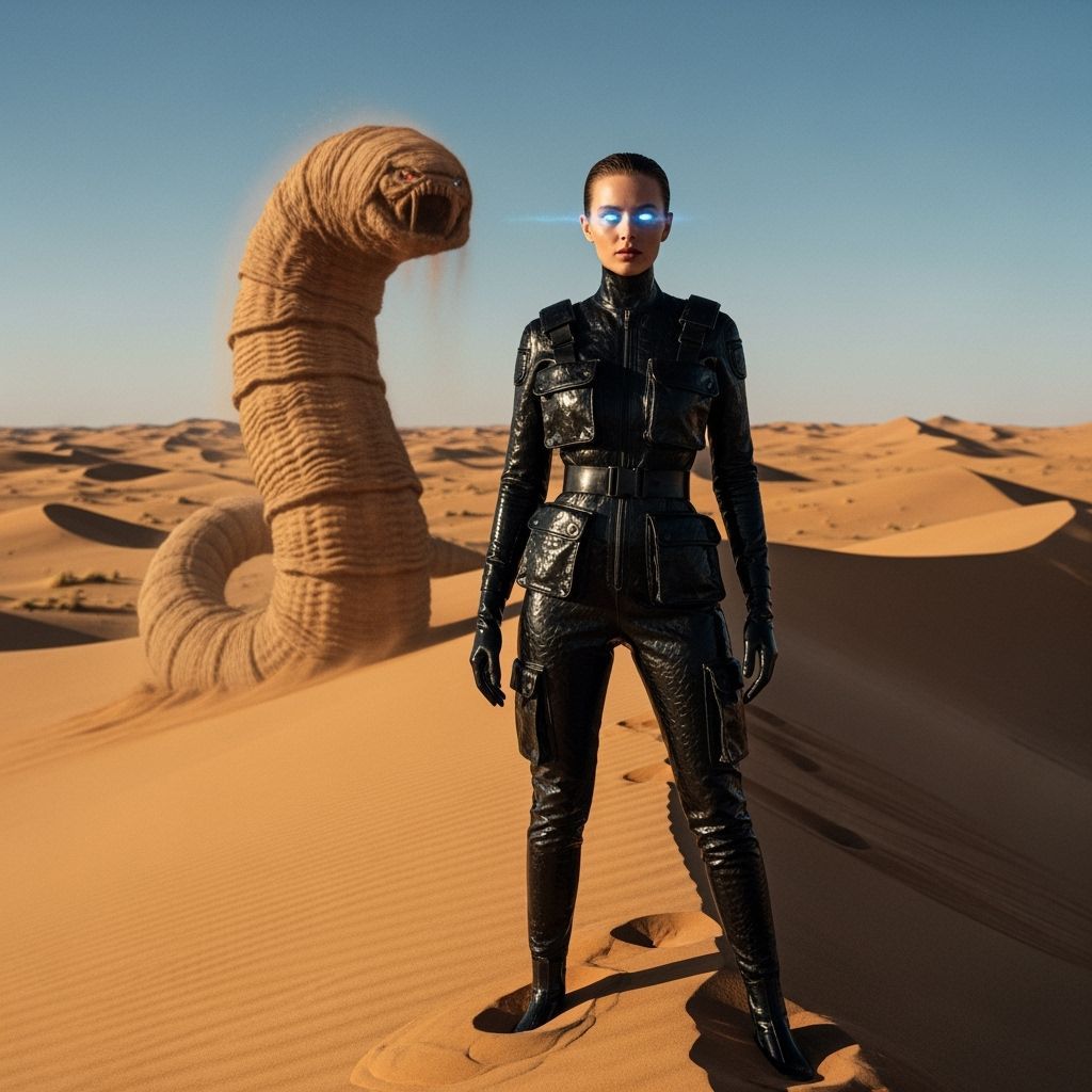 Dune Stillsuit Woman with Blue Eyes and Sandworm