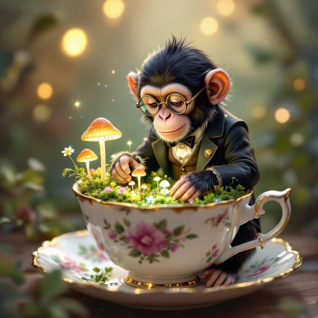 Whimsical Chimp Tends Bioluminescent Garden in Teacup