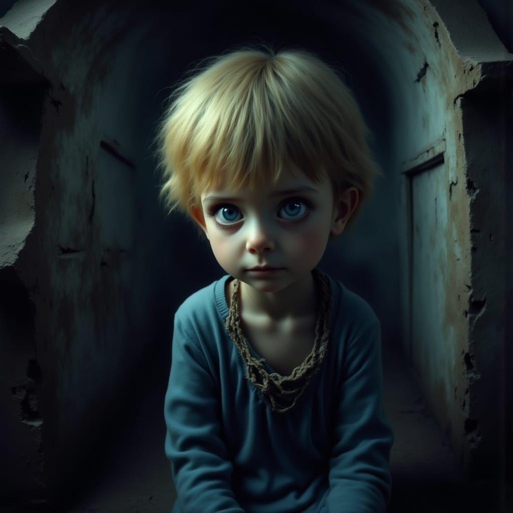 Mysterious Boy in Spooky Dark Room