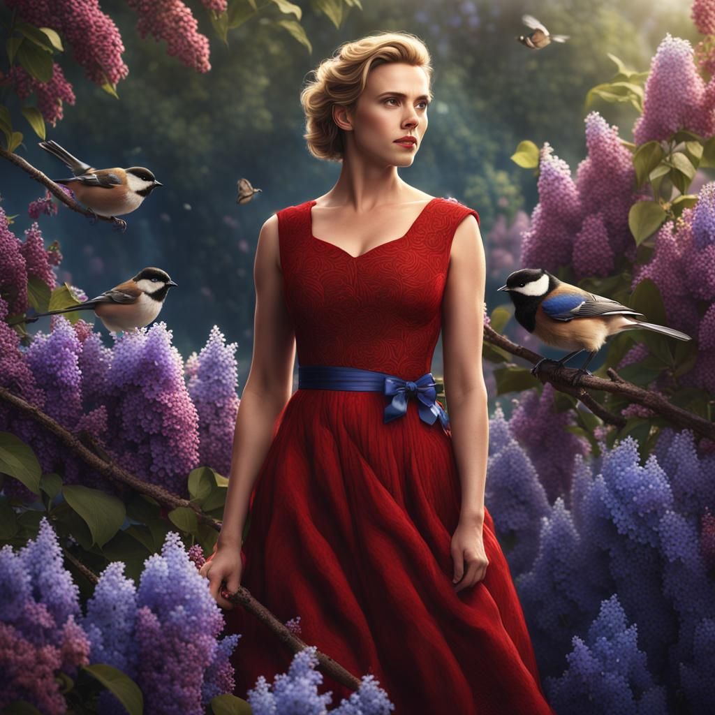 Woman with Chickadee in Lilac Garden: Digital Art