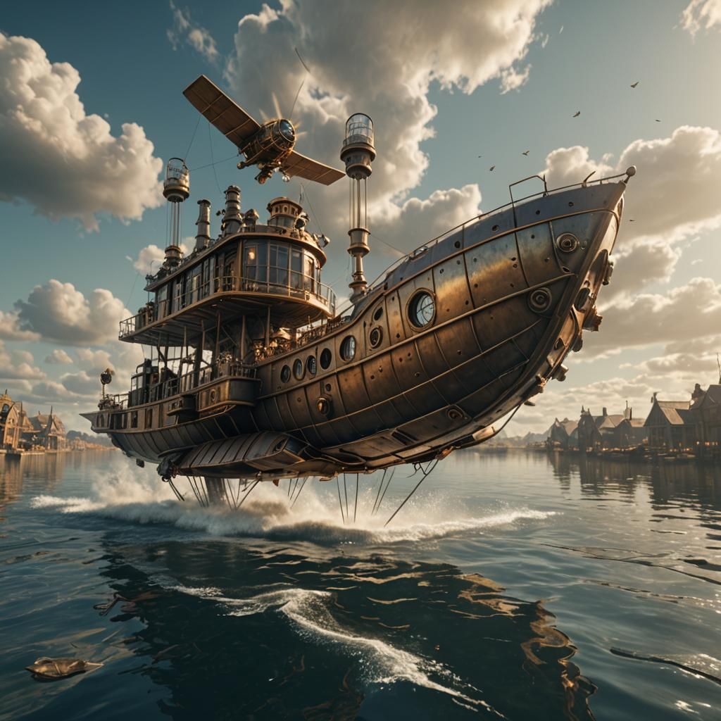 Steampunk Flying Boat Above Water in 3D Render