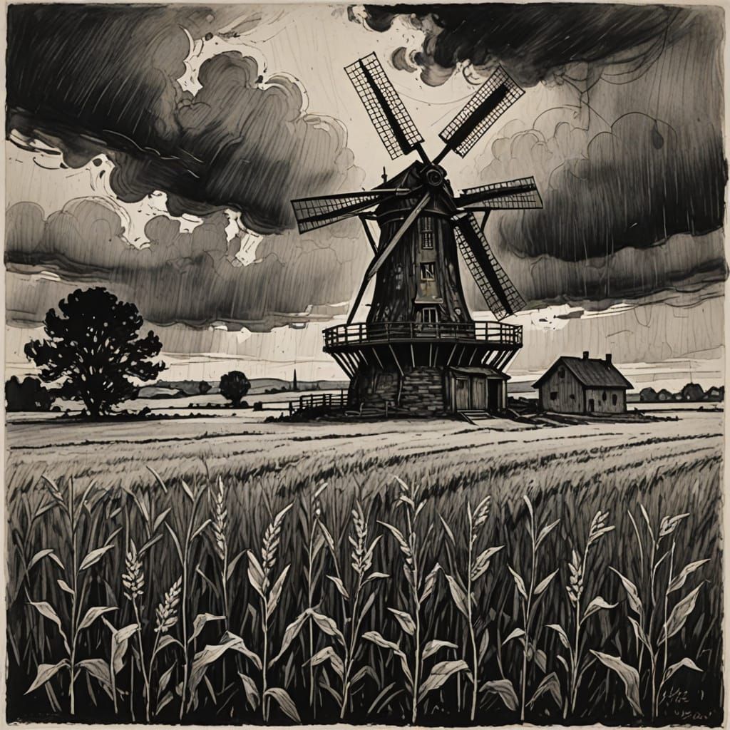 Spectral Windmill Defies the Storm in a Charcoal Sketch
