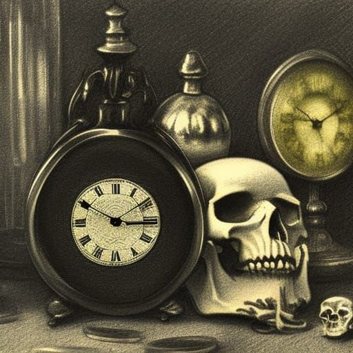 Vanitas Still Life with Skull and Clock