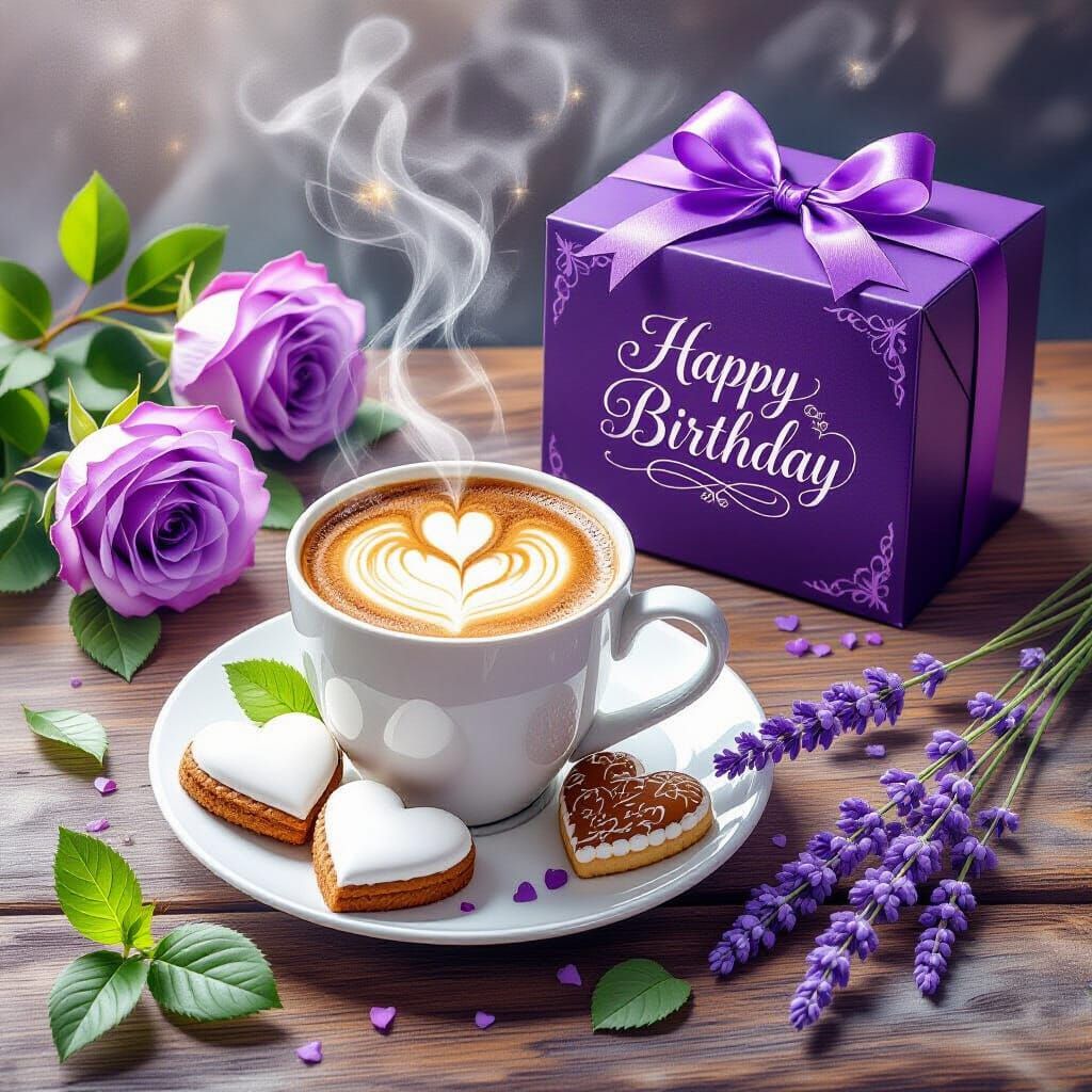 Cozy Birthday Coffee & Cookies with Roses in Watercolor Styl...