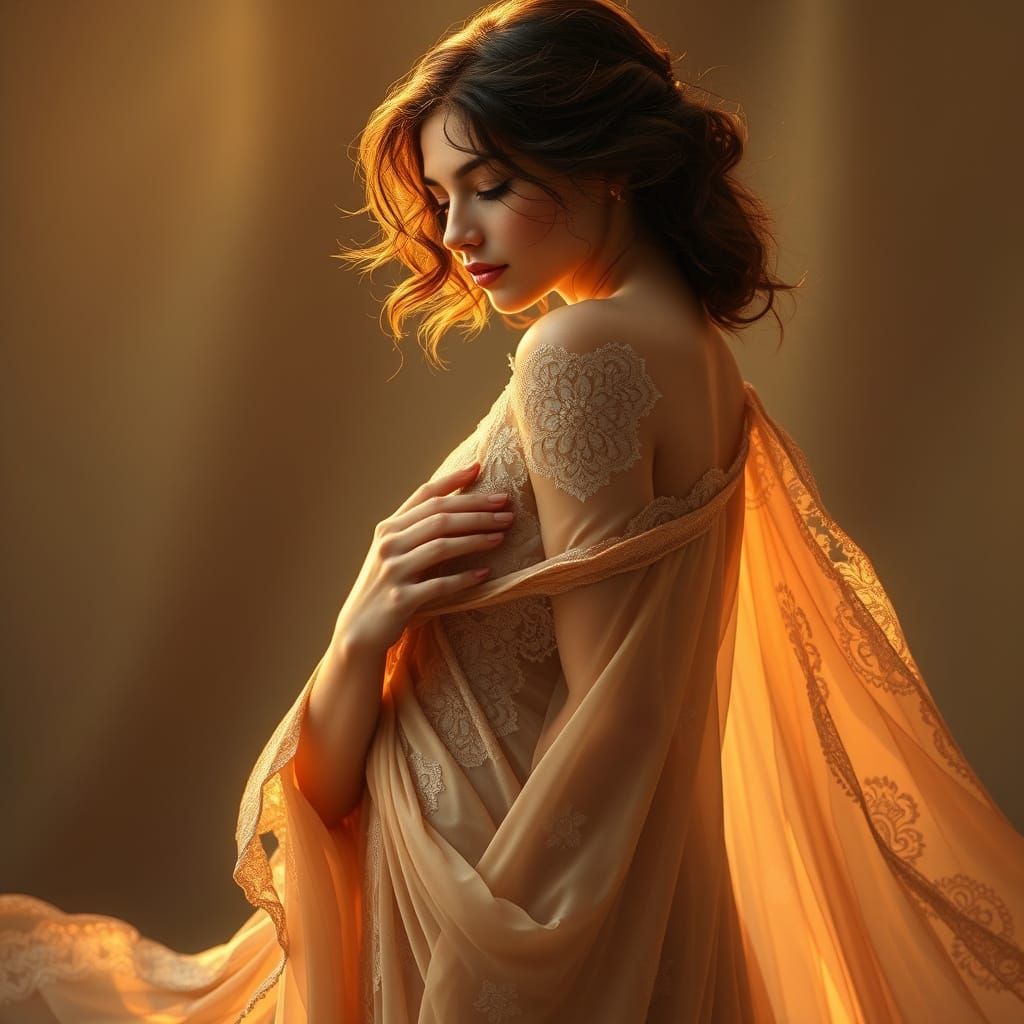 Elegant Woman in Flowing Fabric: Art Nouveau Style