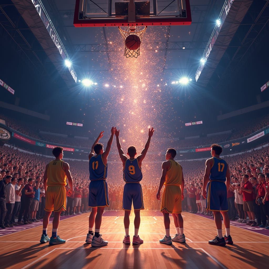 Basketball Players Celebrate Championship Victory on Stage