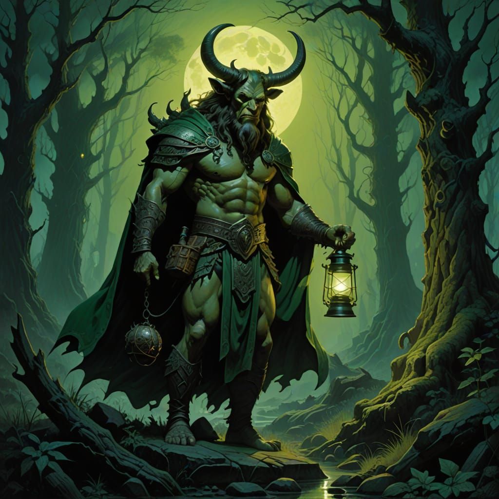 Horned God with Broken Horn in Dark Fantasy Style