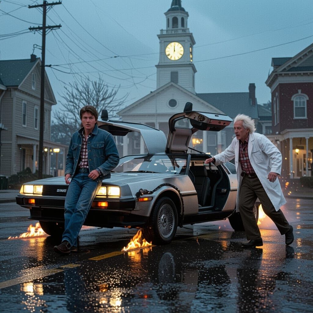 Marty McFly and Doc Brown: Cinematic Film Still