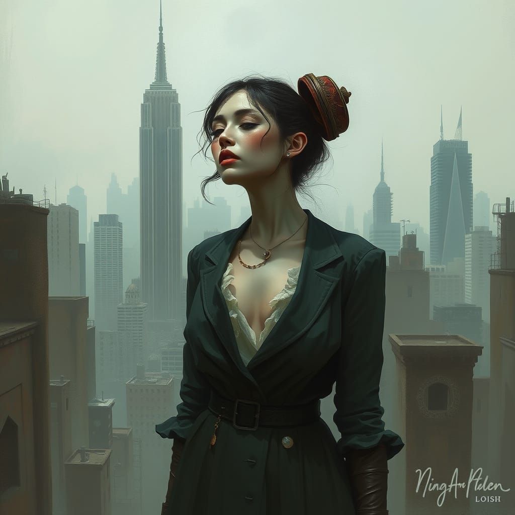 Melancholic Woman Embodies Dying Emotions in Fading Cityscap...