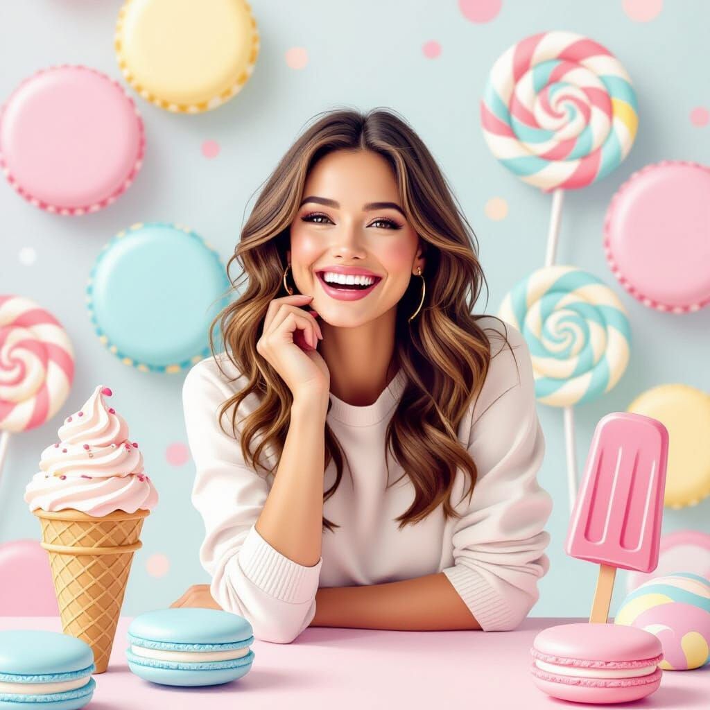 Joyful Woman Poses in Whimsical Pastel Candy Land