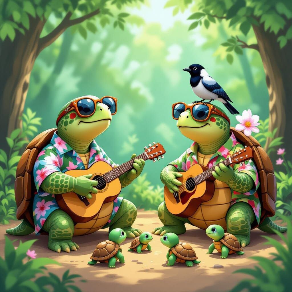 Turtle Guitar Lesson in Whimsical Folk Art Style