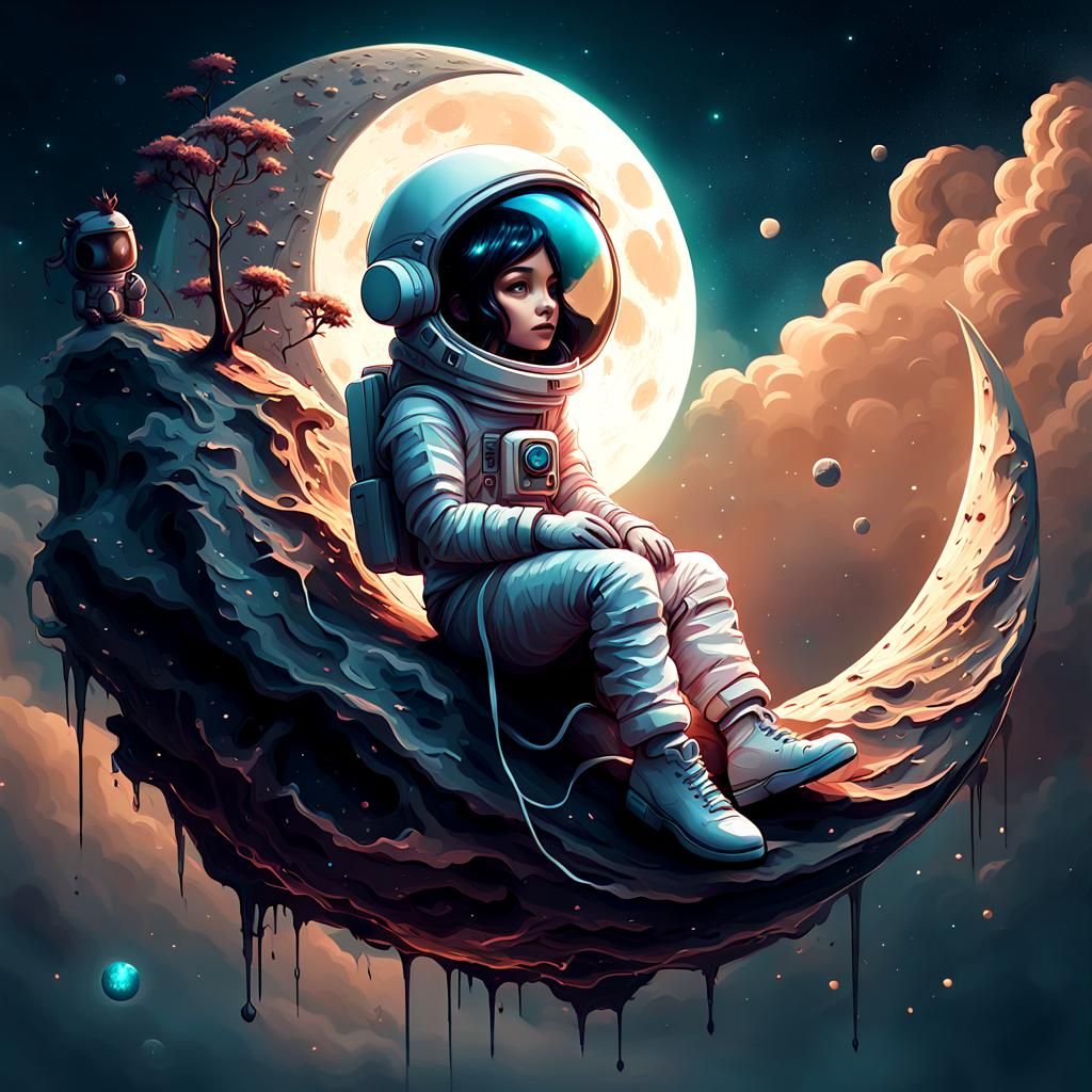 Astronaut Girl on Crescent Moon: Digital Illustration