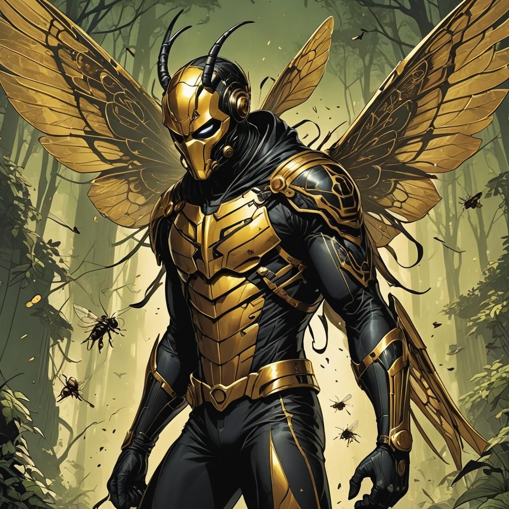 Hornet-Themed Comic Book Art of Winged Male Figure