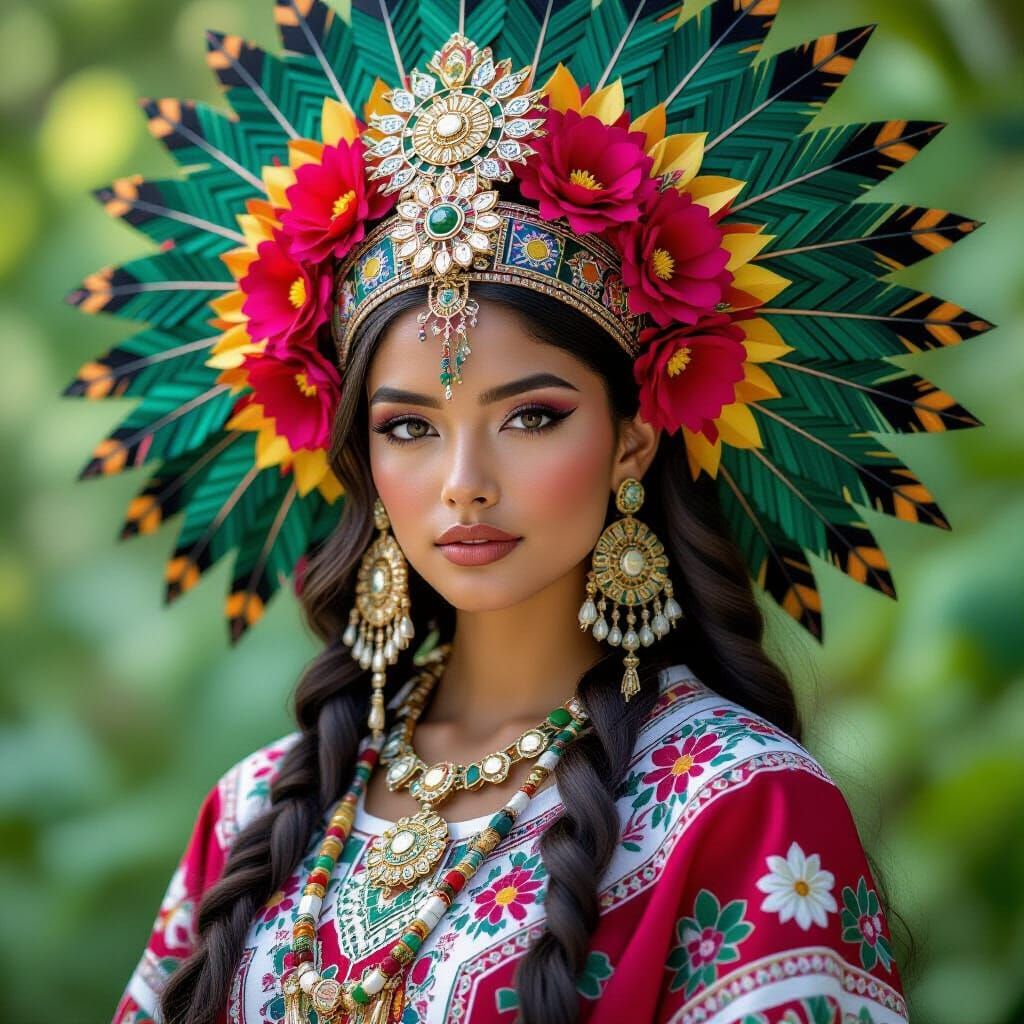 Aztec Warrior Princess with Flowers and Feathers
