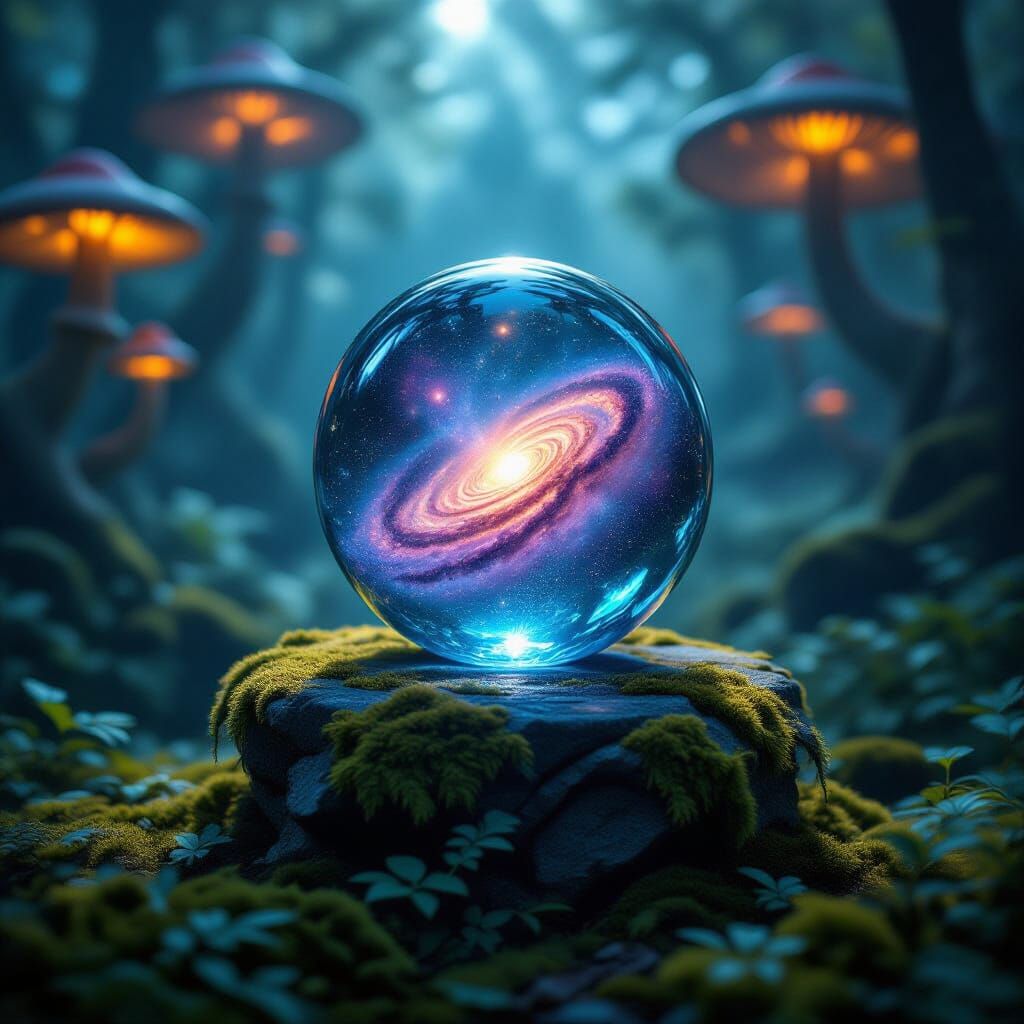 Glass Orb with Galaxy on Ancient Pedestal in Twilight Forest