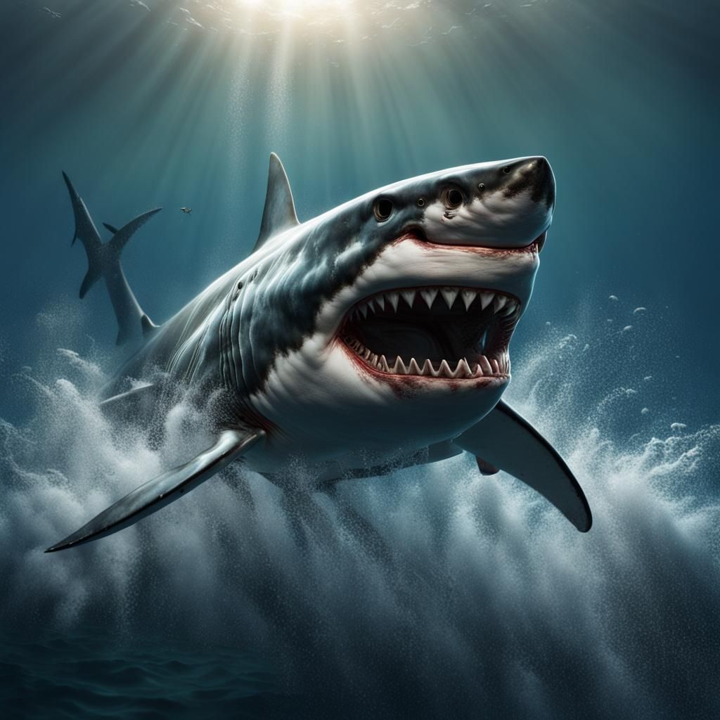 Great White Shark Attack in Deep Sea Matte Painting